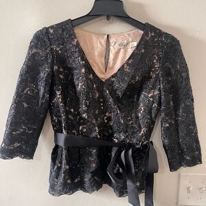 Eliza J Black Lace Blouse with Ribbon Tie